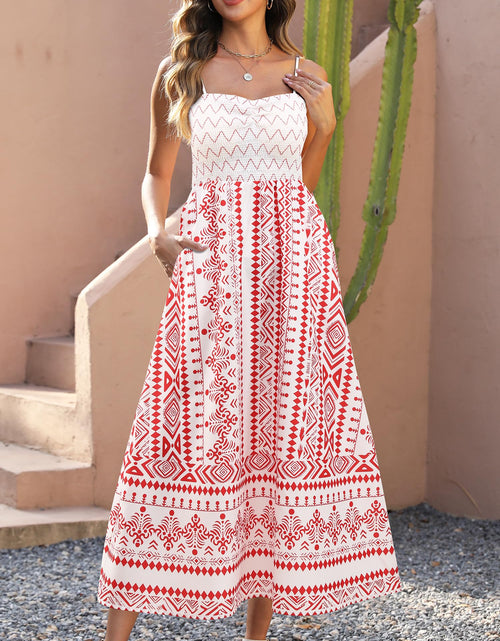Load image into Gallery viewer, Gardenwed Women's Floral Maxi Dress Spaghetti Strap Smocked Bodice Red Size L
