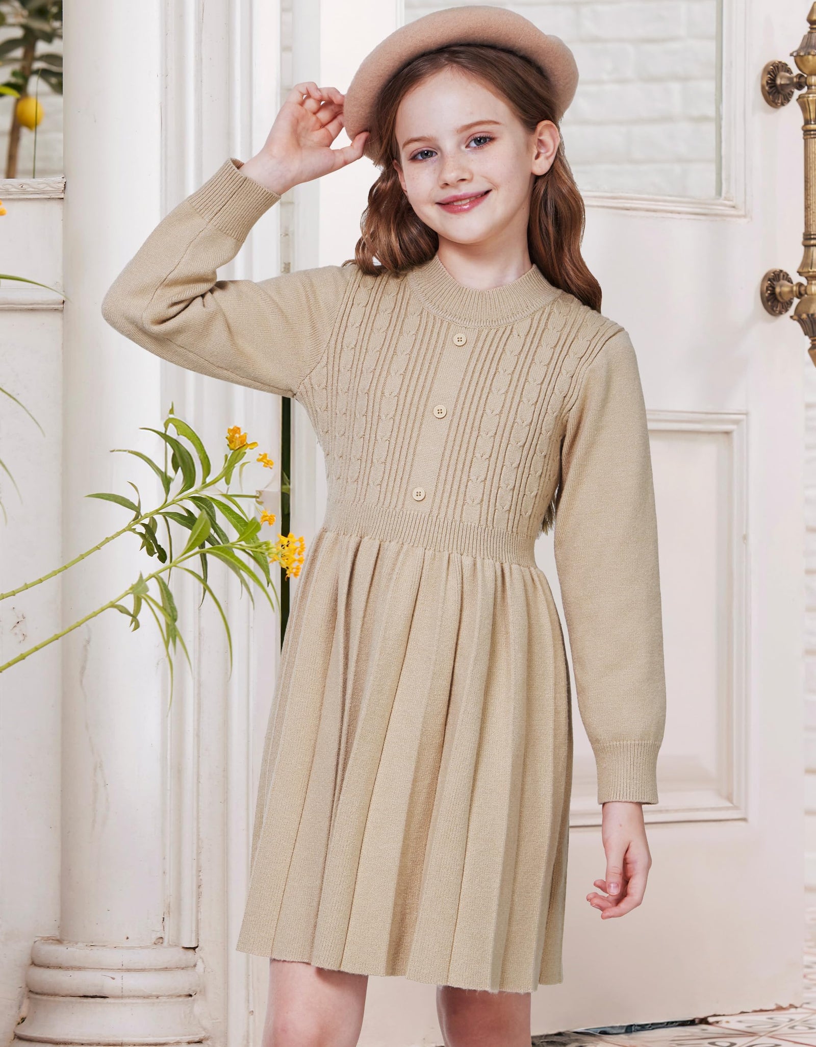 WULFUL Girls Long Sleeve Sweater Dress Pleated Knit Casual Fall Winter 5-12Y