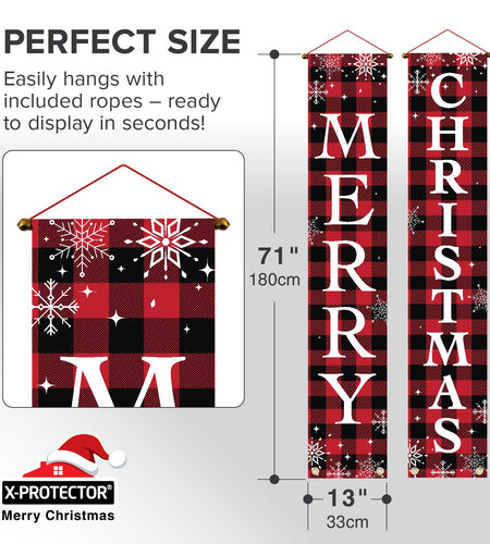X-Protector Merry Christmas Buffalo Plaid Banner 71x13 Red