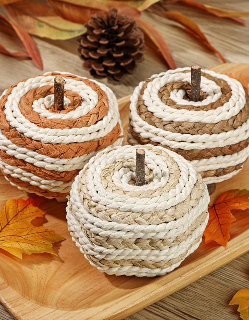 Load image into Gallery viewer, Hollyone Fall Pumpkin Decor 3 PCS Faux Rattan Pumpkins Small Orange Brown
