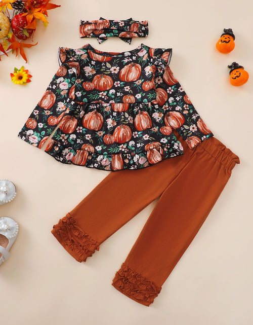 Load image into Gallery viewer, Kislio Toddler Girls Pumpkin Ghost Shirt Ruffle Pants Set 3PCS orange 12-18M
