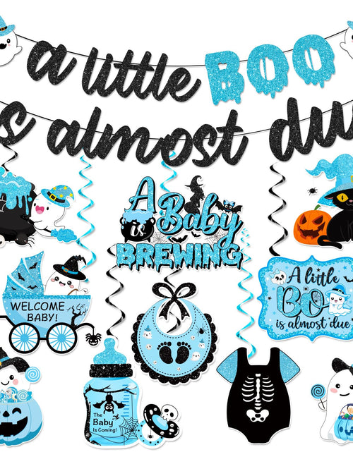 Load image into Gallery viewer, OGMOGKW Halloween Baby Shower Banner Blue A Little Boo Is Almost Due
