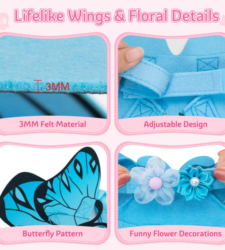 Coppthinktu Butterfly Wings Dog Cat Costume Blue Felt with 3 Flowers Size L