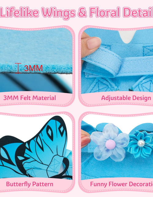 Load image into Gallery viewer, Coppthinktu Butterfly Wings Dog Cat Costume Blue Felt with 3 Flowers Size L
