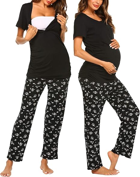Load image into Gallery viewer, Ekouaer Maternity Nursing Pajama Set Breastfeeding Sleepwear Black Flower Size S

