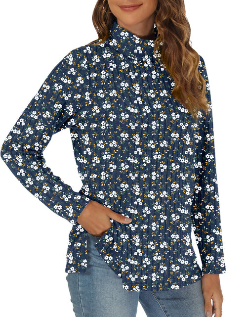 Load image into Gallery viewer, GOUCEHN Women Turtleneck Sweater Pullover Lightweight Blue-White Flo Size XL
