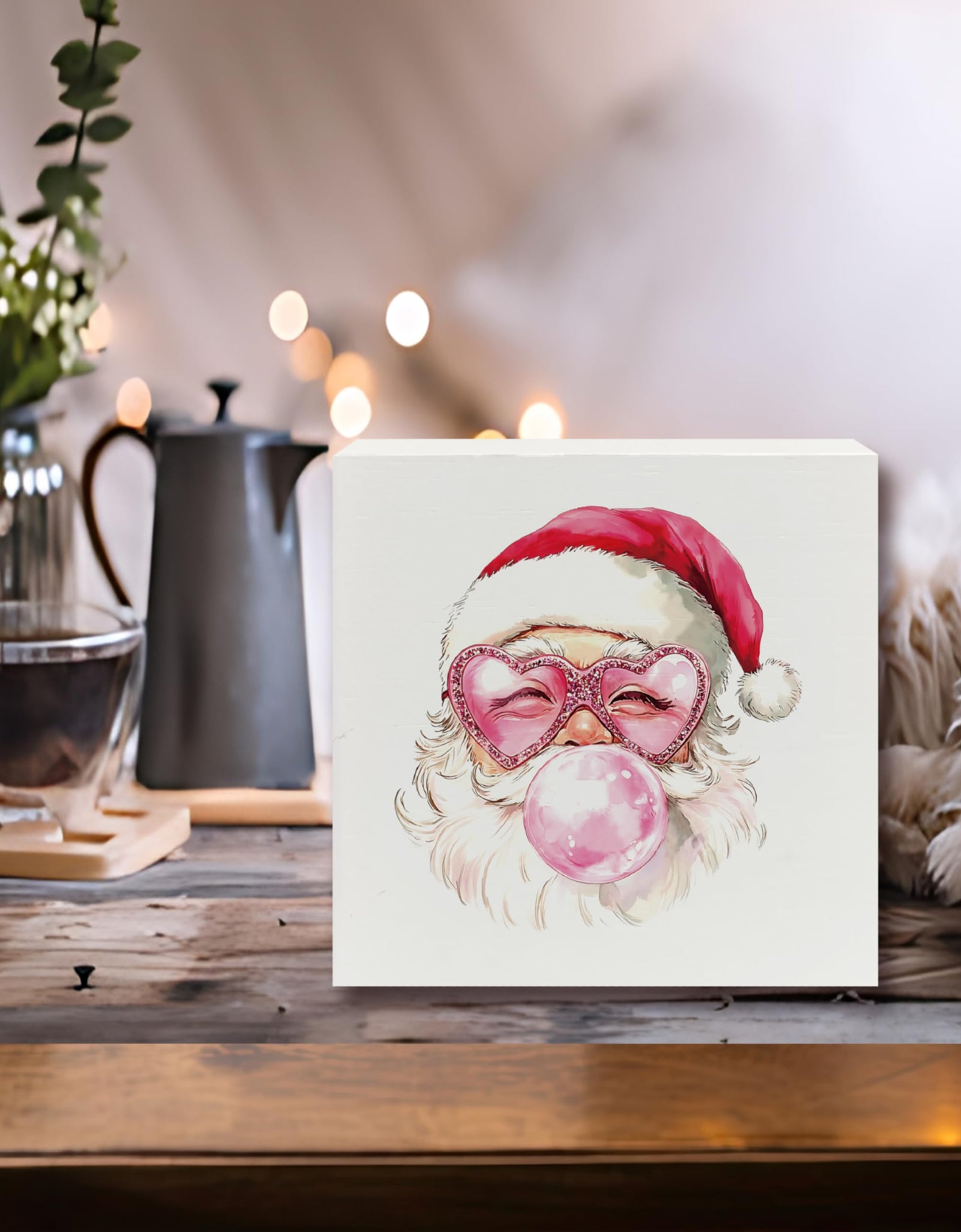 XUNLURY Santa Wooden Box Sign Pink Christmas Decor 5x5 Inch