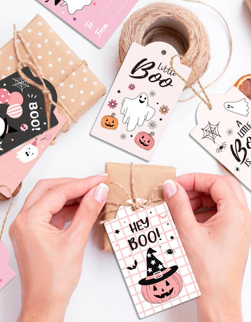 Load image into Gallery viewer, MOZUI Halloween Thank You Tags 60pcs Pink Black Ghost Pumpkin Kraft Paper
