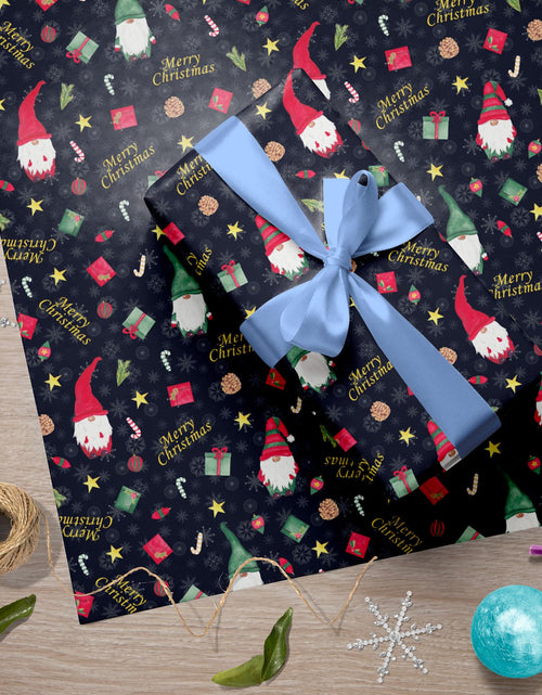 Load image into Gallery viewer, GIOLNIAY Gnome Christmas Wrapping Paper Navy Blue 4 Jumbo Sheets 28x40
