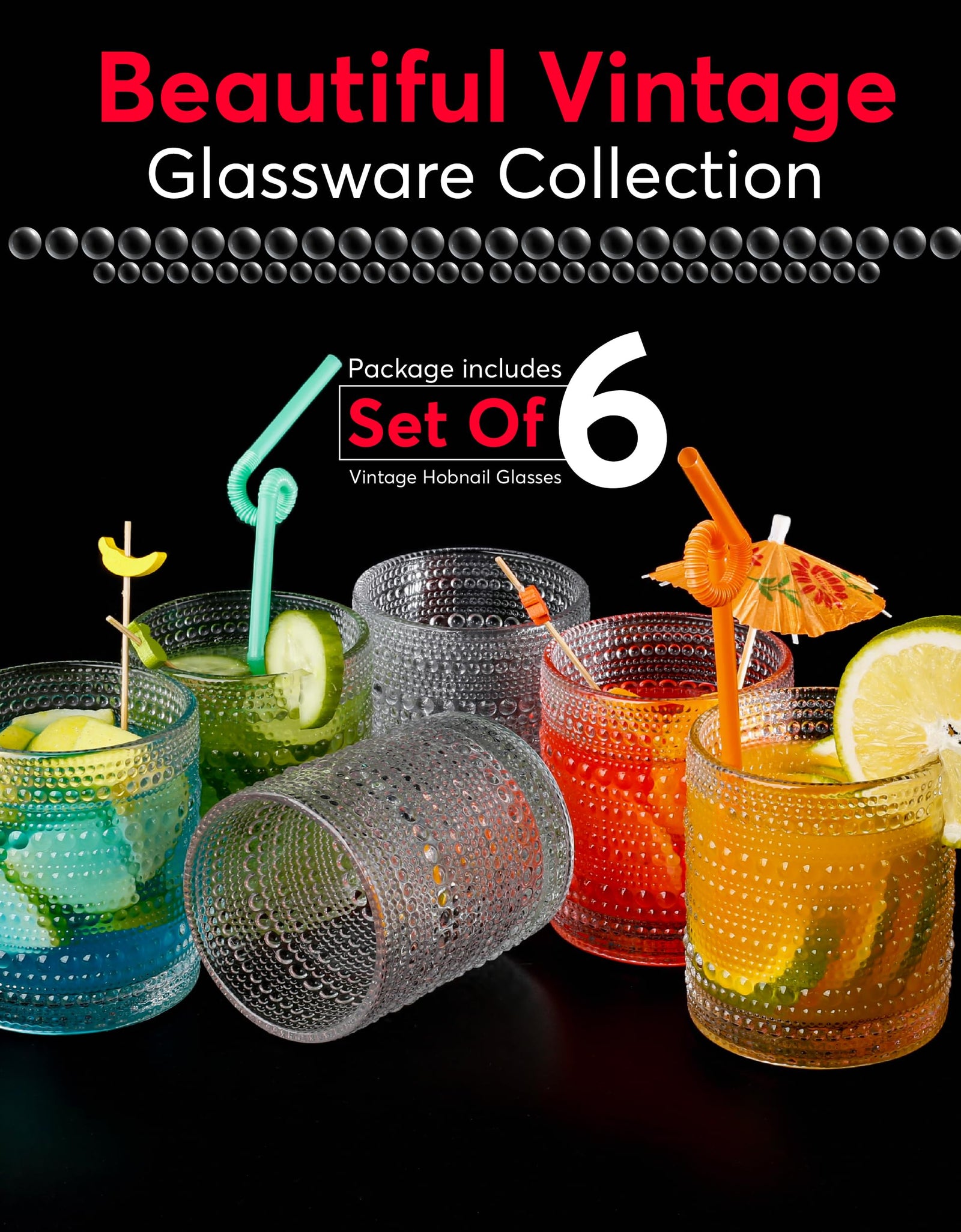 Jupiter Hobnail Vintage Drinking Glasses Set of 6 11.75oz Clear