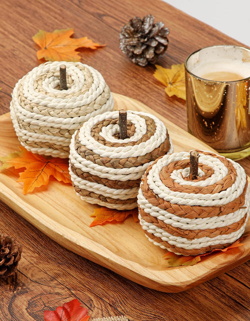 Load image into Gallery viewer, Hollyone Fall Pumpkin Decor 3 PCS Faux Rattan Pumpkins Small Orange Brown
