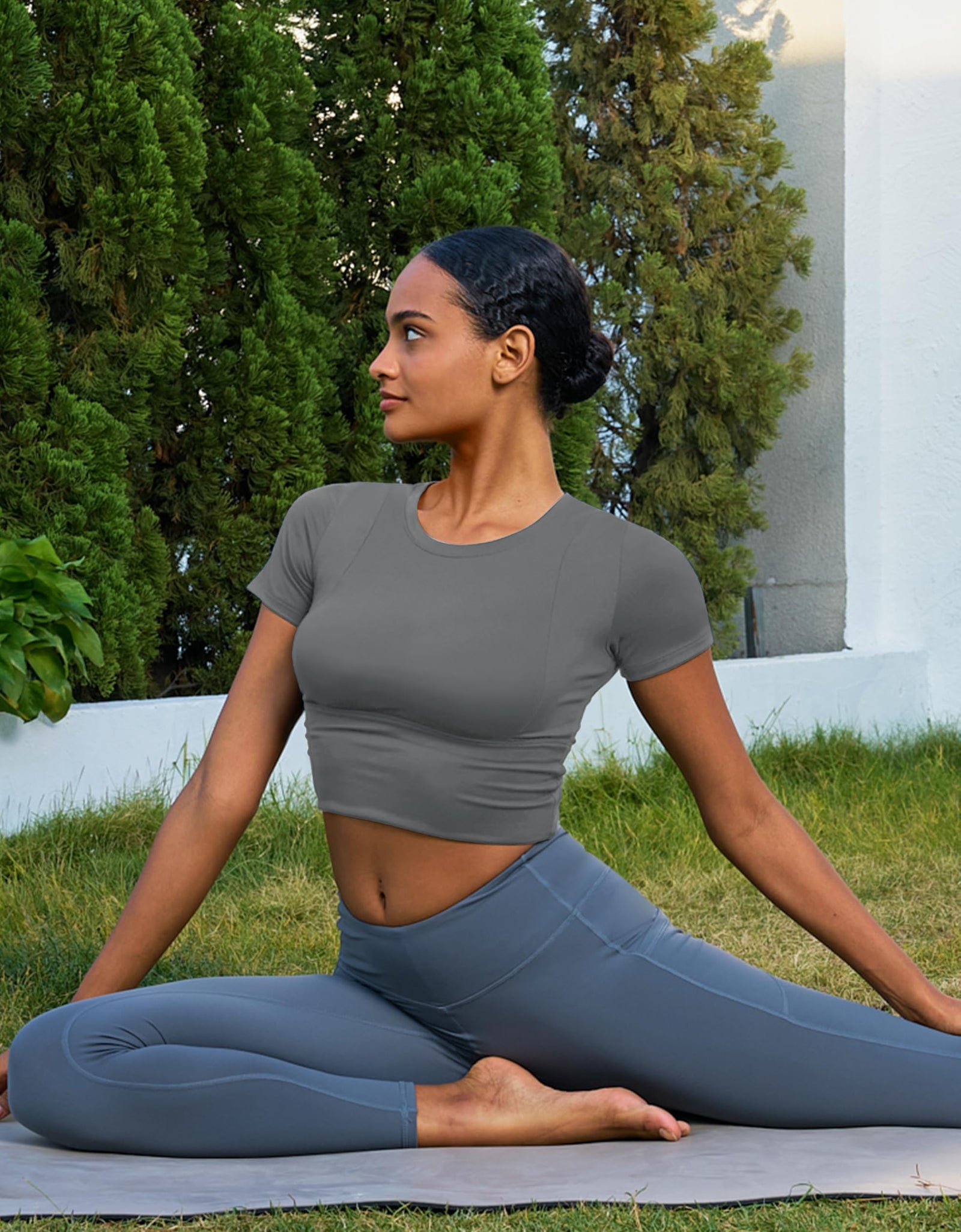 MAGCOMSEN Womens Crop Workout Top Yoga Athletic Short Sleeve Gray Size XS