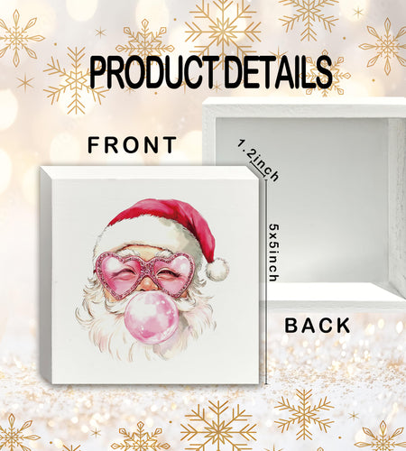 XUNLURY Santa Wooden Box Sign Pink Christmas Decor 5x5 Inch