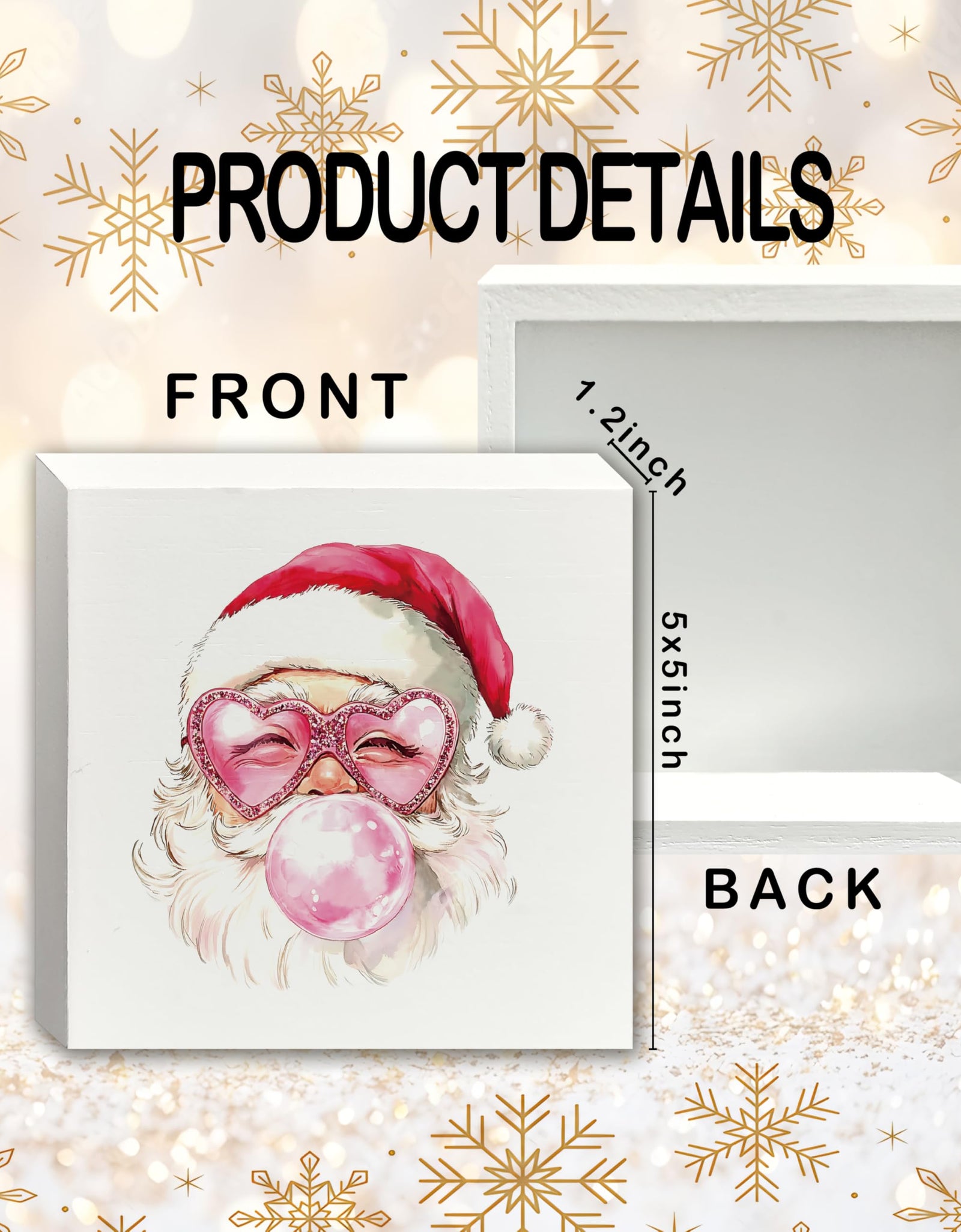 XUNLURY Santa Wooden Box Sign Pink Christmas Decor 5x5 Inch