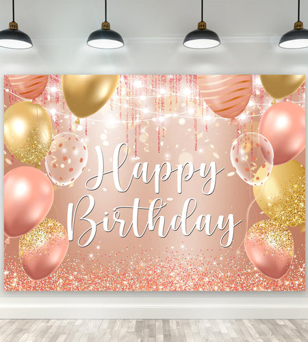 Riyidecor Happy Birthday Backdrop Champagne Pink Gold Balloons 7x5ft Polyester