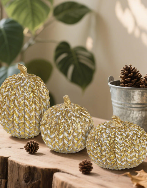 Load image into Gallery viewer, winemana Fall Decorations Set of 3 Gold White Resin Pumpkins Woven Design

