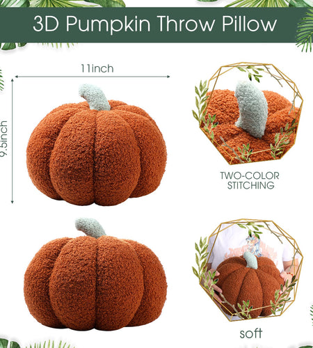 Queekay 2 Pc Pumpkin Plush Pillow 11x9.5in Brown Fall Thanksgiving Decor