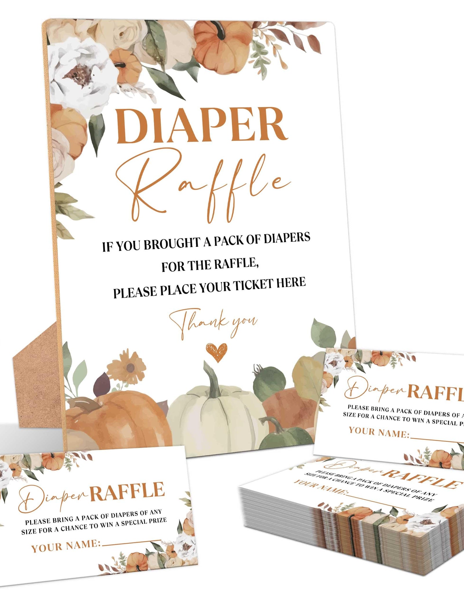 Serach Little Pumpkin Baby Shower Diaper Raffle Sign with Stand & 50 Tickets