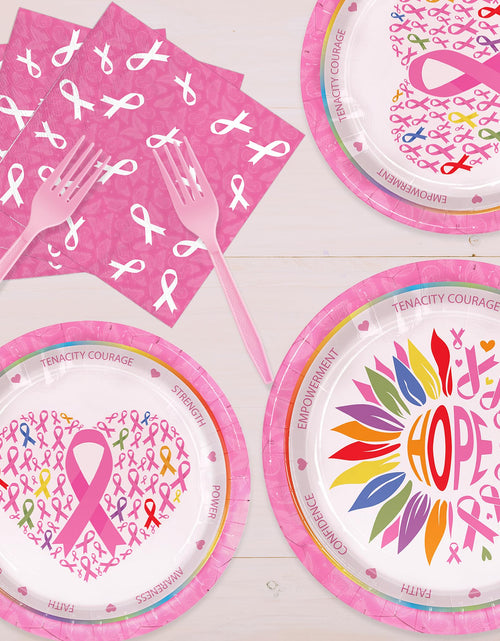 Load image into Gallery viewer, Detanpoly 96pcs Breast Cancer Awareness Pink Ribbon Plates Napkins Forks Set
