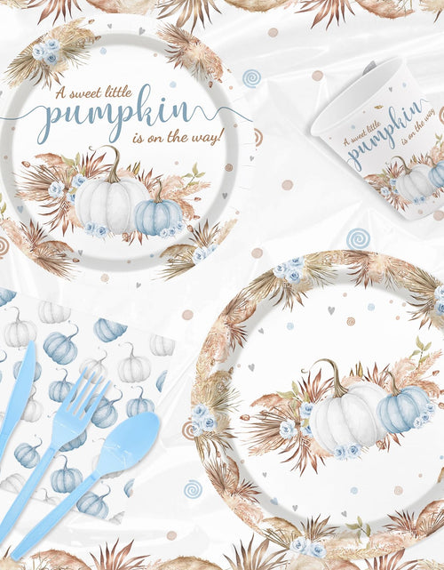 Load image into Gallery viewer, MEHOFOND Blue Pumpkin Baby Shower Party Supplies 193 Pcs Tableware Set
