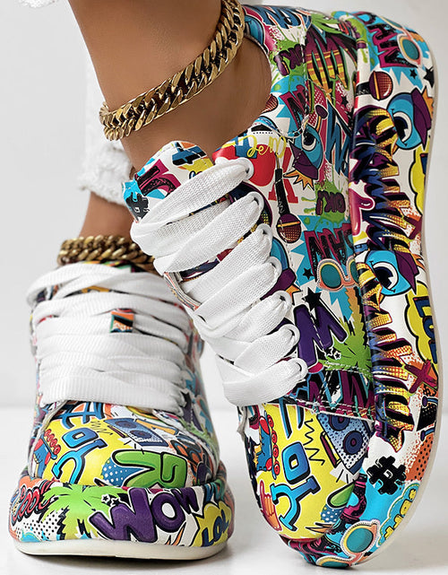 Load image into Gallery viewer, Round-Toe Thick-Sole Lace-Up Sneakers — Women’s Casual Print Shoes
