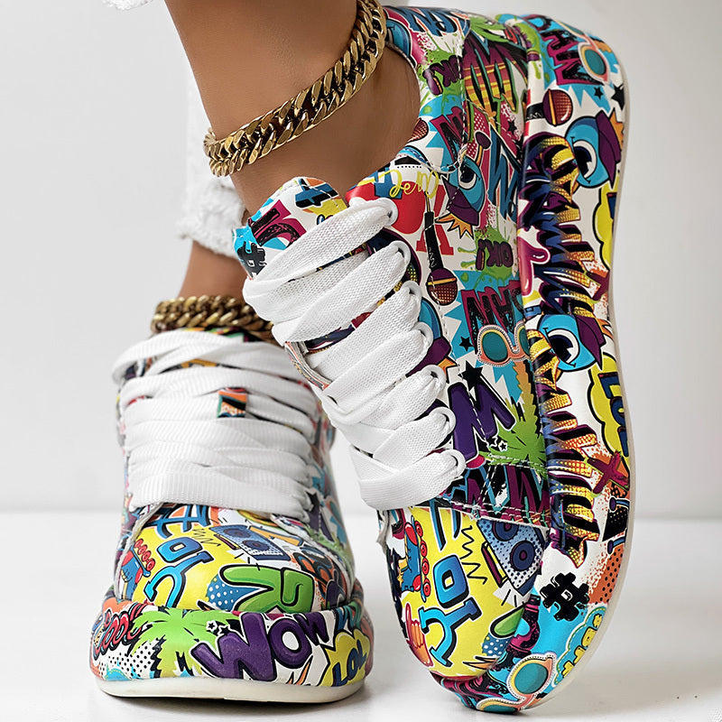 Round-Toe Thick-Sole Lace-Up Sneakers — Women’s Casual Print Shoes
