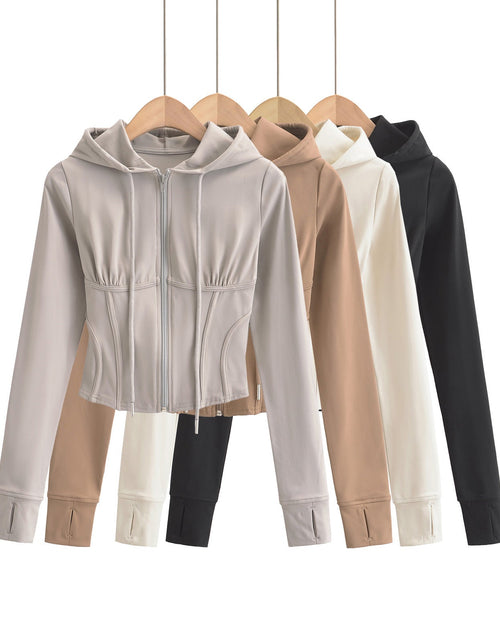 Load image into Gallery viewer, Slim fit drawstring hooded zipper top
