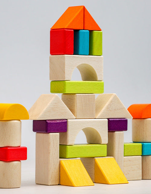 Load image into Gallery viewer, Wooden box packed building blocks, shape recognition, creativity, assembly thinking, exercise, color recognition, early education, interactive wooden toys
