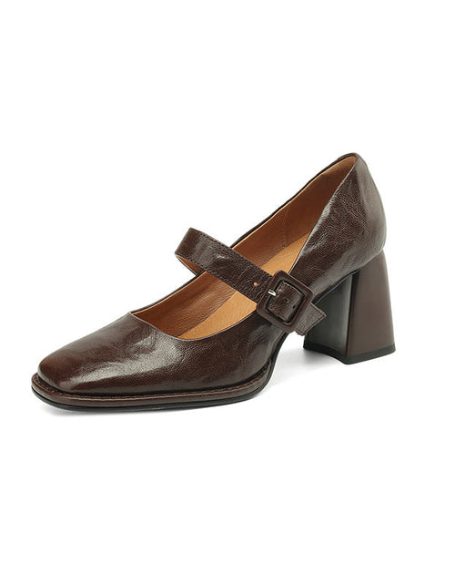 Load image into Gallery viewer, Women's Sheepskin Mary Jane Heels – Square Toe Chunky Heel Buckle Pumps
