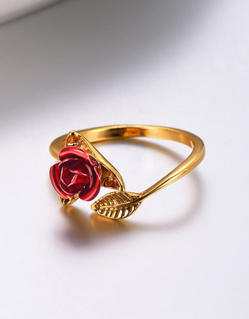 Load image into Gallery viewer, U7 Red Rose Garden Flower Leaves Resizable Finger Rings for Women Valentine's Day Gift Jewelry Hot Sale Open Ring R1019
