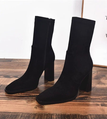 Square Toe Fleece-Lined French Boots – Chunky Heel Winter Style