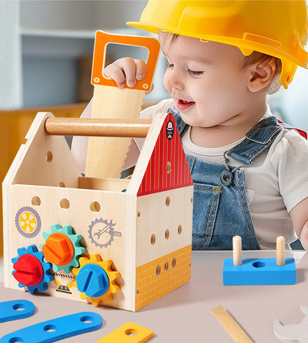 Children's wooden multifunctional toolbox, busy block, screw and nut removal, hand-held tool, blue puzzle toy