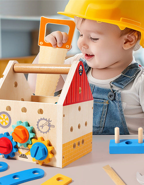 Load image into Gallery viewer, Children's wooden multifunctional toolbox, busy block, screw and nut removal, hand-held tool, blue puzzle toy
