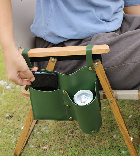 Camping chair leather storage bag mobile phone beer beverage storage bag outdoor chair side bag miscellaneous storage