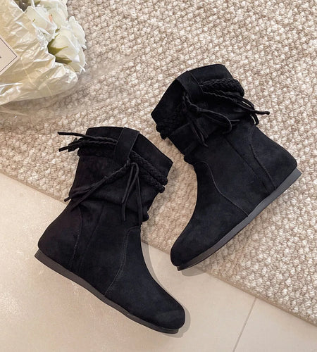 Suede Fringe Round Toe Boots with Block Heel