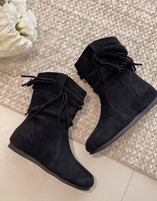 Load image into Gallery viewer, Suede Fringe Round Toe Boots with Block Heel
