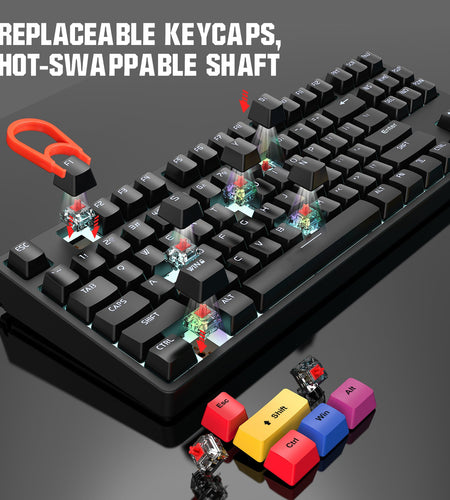 87 key wired mechanical gaming keyboard with red axis for esports and office use, with over 20 types of white light insertable shafts