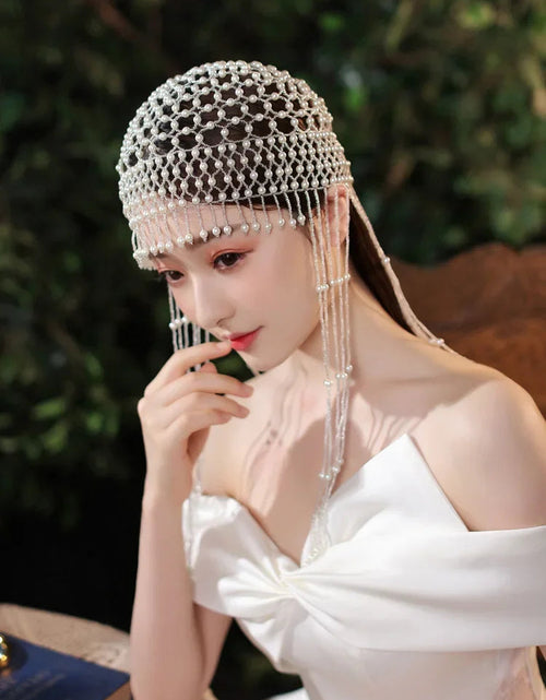 Load image into Gallery viewer, Handmade hollowed out headpiece performance pearl tassel hat
