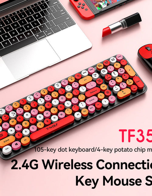 Load image into Gallery viewer, T-WOLF Thunder Wolf TF350 Wireless Keyboard and Mouse Set for Girls, Colorful Punk Retro Mouth Red Round Key Cap
