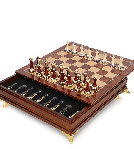 Luxury metal+solid wood tabletop for easy storage Chess set