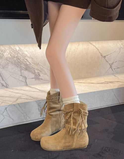 Load image into Gallery viewer, Suede Fringe Round Toe Boots with Block Heel
