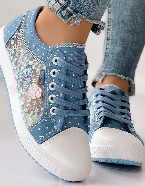 Load image into Gallery viewer, Floral Embroidered Polka Dot Print Sneakers — Women’s Casual Canvas Shoes
