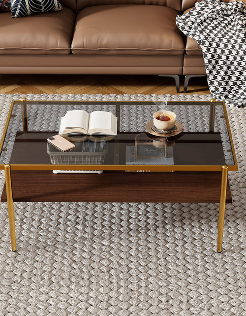 Load image into Gallery viewer, Rectangle Coffee Table with Gray Tempered Glass top and Golden Legs, Modern Table for Living Room
