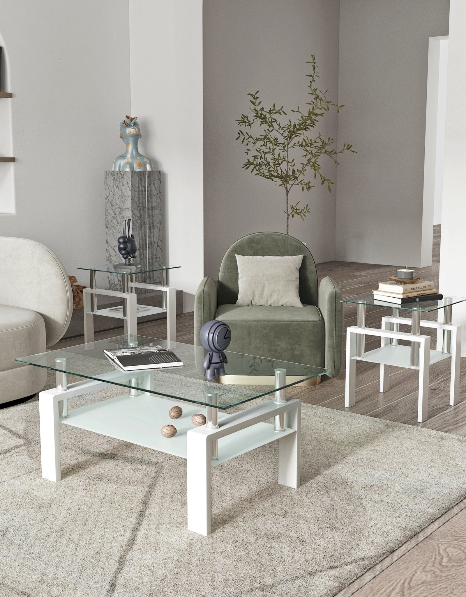 Set of 2, Modern Tempered Glass Tea Table Coffee Table End Table, Square Table for Living Room, Transparent/White
