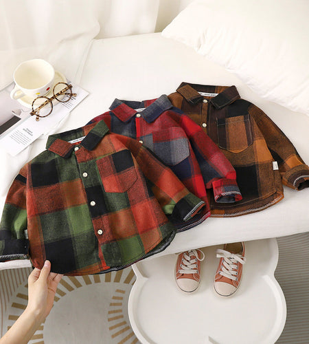 Autumn Toddler Boys Plaid Shirts Cotton Contrast Long Sleeve Infant Babys Boys Outwear Coat Loose Turn Down Collar Kid Boys Tops