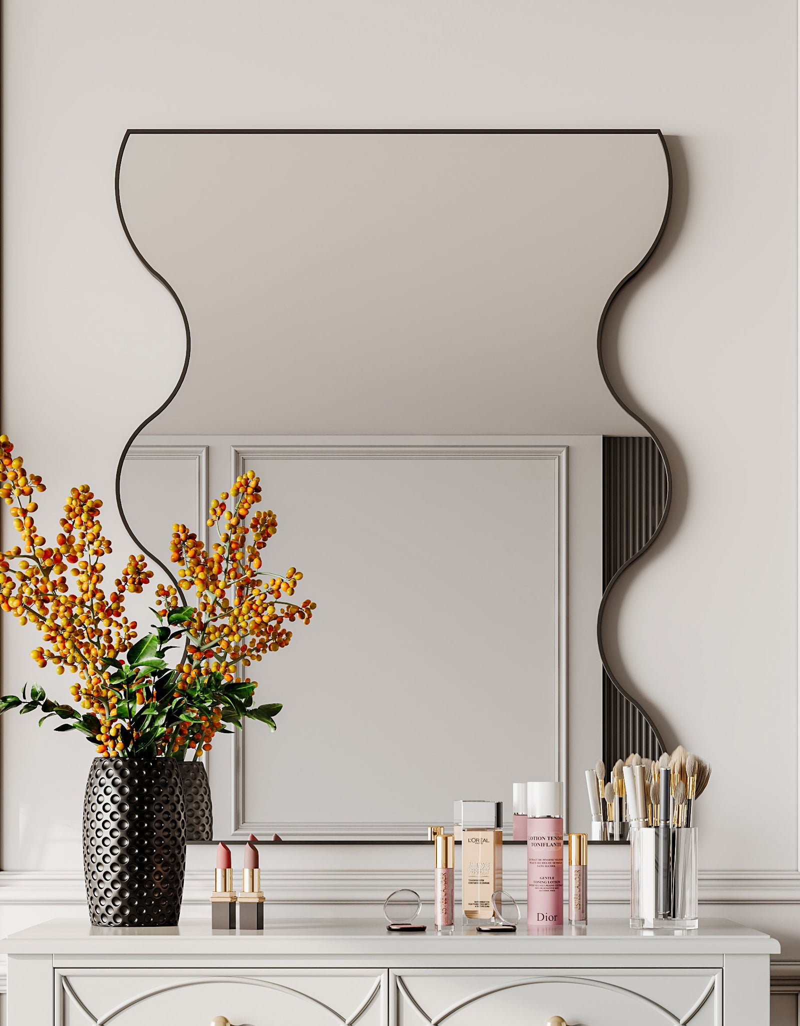 Wall Mirror 30x35 Inch Black Rectangular Mirror with 2 Wavy Sides Metal Framed Mirror Vanity Mirror Dressing Mirror