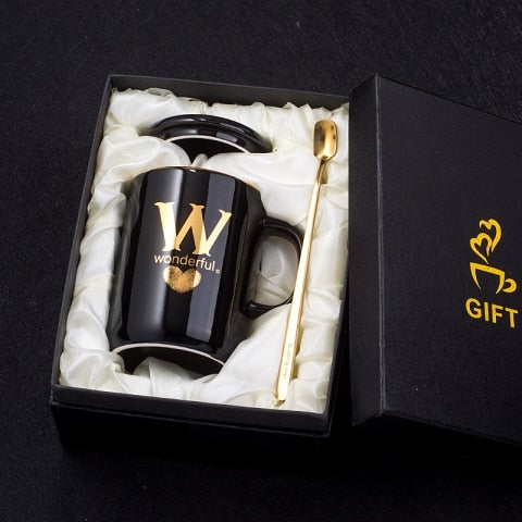 Load image into Gallery viewer, 400ml Creative Gold Finger Printing Black Ceramic Coffee Mug Tea Cup With Gold Handle As Gift With Lid And Spoon
