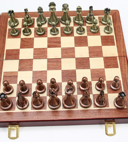 Chess deluxe gift box metal bronze folding board game chess gifts