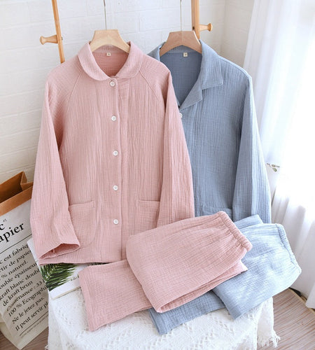 Women's sleepwear made of pure cotton with four layers of gauze, suitable for couples in spring, autumn, and winter. Men's casual plus size set