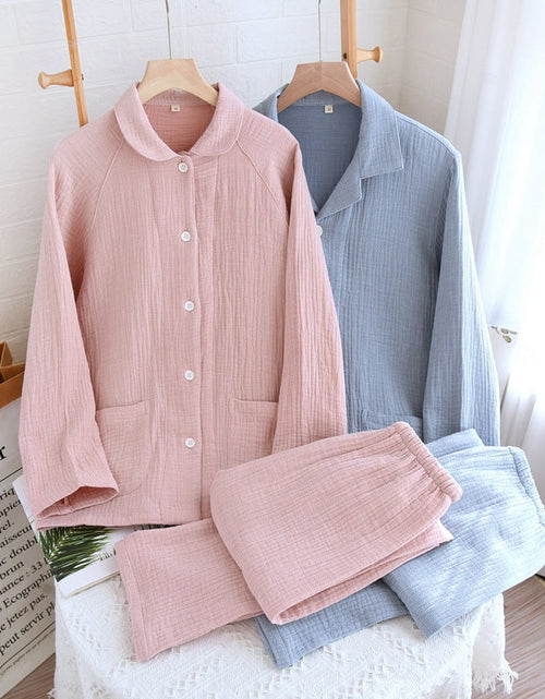 Load image into Gallery viewer, Women's sleepwear made of pure cotton with four layers of gauze, suitable for couples in spring, autumn, and winter. Men's casual plus size set
